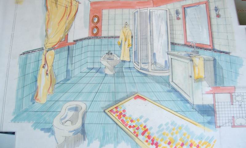 Disegno del bagno azzurro di Corte Serena Morando restauro a Verona
